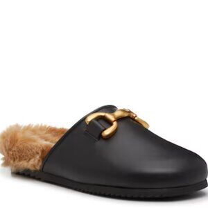 NEW  STEVE MADDEN Leather Masin Faux Fur Bit Buckle Mules black  for women 462tn